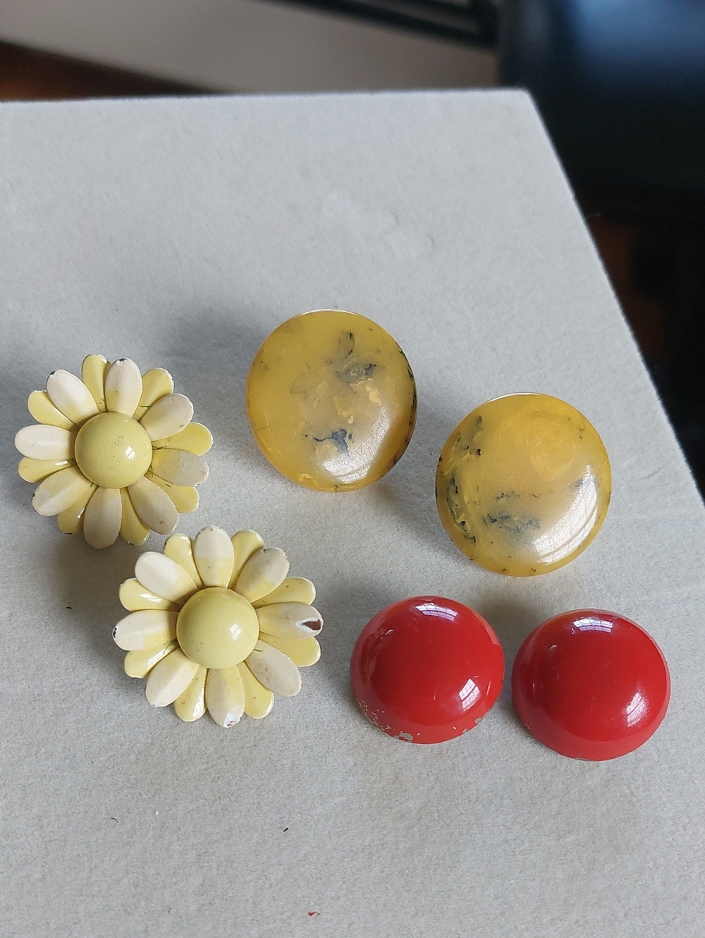 Vintage 1960s Mod Clip On Earring Lot 3 Pairs Yellow Daisies Red Retro Buttons